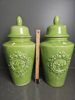 Pair of Lidded Green Crackle Glazed Temple Jars with Embossed Rose Pattern - 4