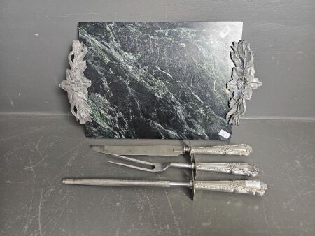 1991 Seagull Marble & Pewter Handled Serving Platter with Plated Carving Set