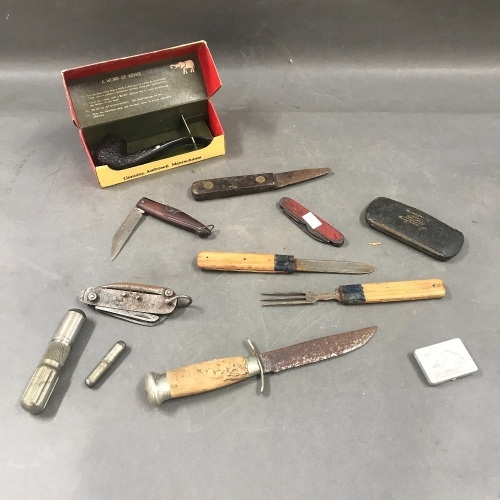 Box Lot of Old Knives, Pipe, Spectacles etc