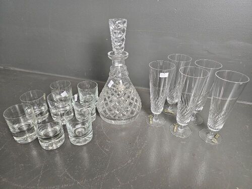 Selection of Crystal Ware - Astra Decanter, Krosno Tumblers & Bramor Champagne Flutes