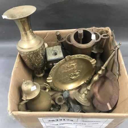 Box Lot of Assorted Brass Vases, Scales, Fire Set Etc.