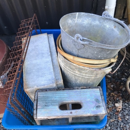 Box Lot of Old Buckets, Boxes, Racks Etc