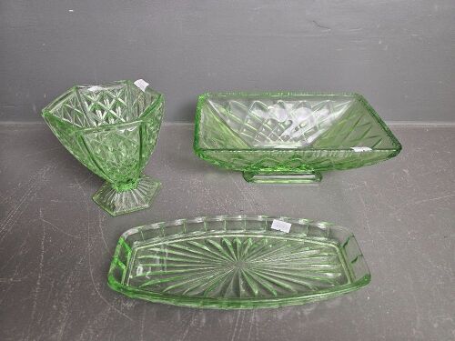 3 Pieces of Green Depression Glass