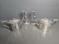 2 Silver Teapots & 2 Candle Sticks