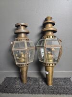 Pair Antique Copper & Brass Red Eye Coach Oil Lantern