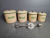 Set of 4 Green & Cream Enamel Kitchen Canisters & Swift Whip Beater