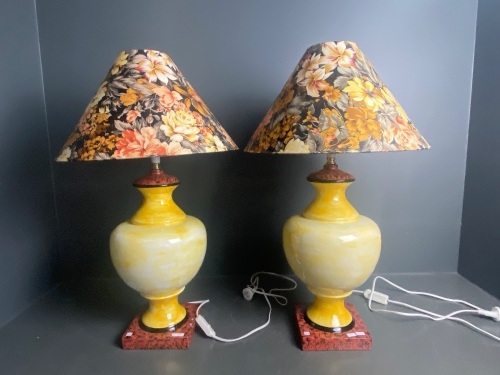 Pair Citrus Porcelain Table Lamps on Speckle Featured Pedestal Base with Floral Shade (Choice Lot 73,74)