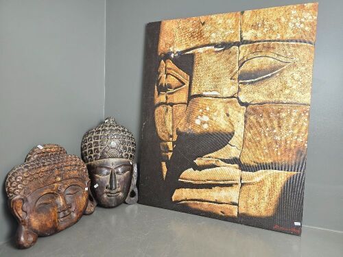 2 Timber Buddha Masks & Buddha Canvas