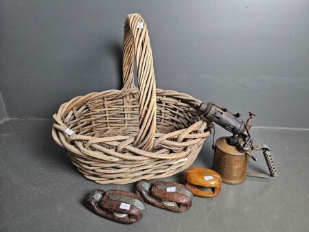 Cane Basket 3 Timber Pulleys & Old Brass Blowtorch