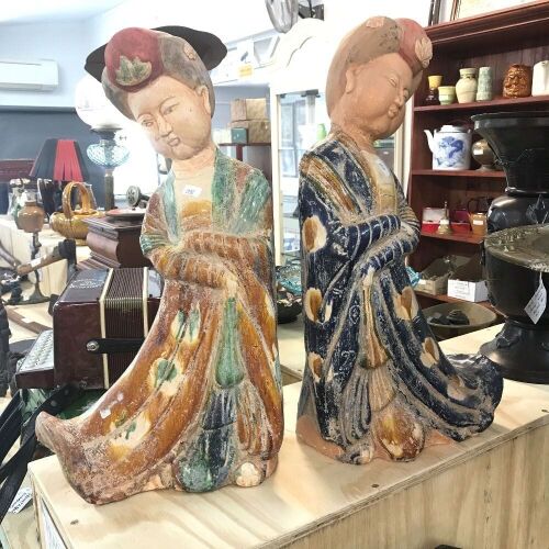 Pair of Vintage Part Glazed Terracotta Chinese Lady Statues