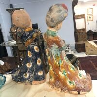 Pair of Vintage Part Glazed Terracotta Chinese Lady Statues - 2