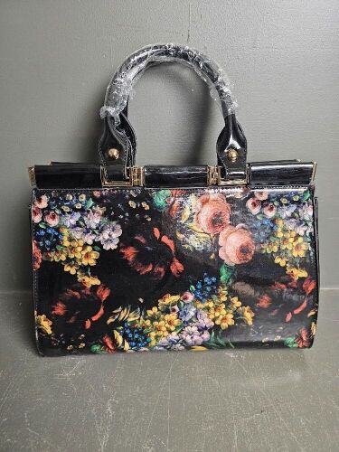 Black Patent Leather Hand Bag with Floral Features