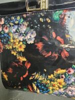 Black Patent Leather Hand Bag with Floral Features - 2