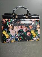 Black Patent Leather Hand Bag with Floral Features - 4