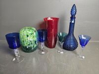 Bristal Blue Decanter with 4 Stemmed Flutes, Heavy Bohmeia Crystal Ruby Vase & Green Glass Vase