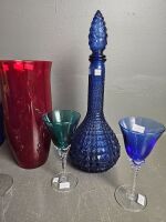 Bristal Blue Decanter with 4 Stemmed Flutes, Heavy Bohmeia Crystal Ruby Vase & Green Glass Vase - 2