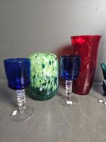 Bristal Blue Decanter with 4 Stemmed Flutes, Heavy Bohmeia Crystal Ruby Vase & Green Glass Vase - 3