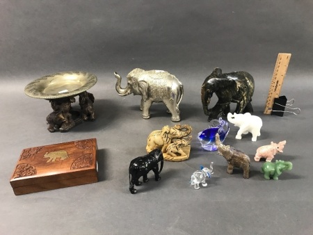 Collection of Stone & Glass Elephants & TImber Box + Brass Tray