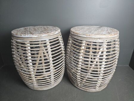 2 Rattan Side Tables with Wooden Tops