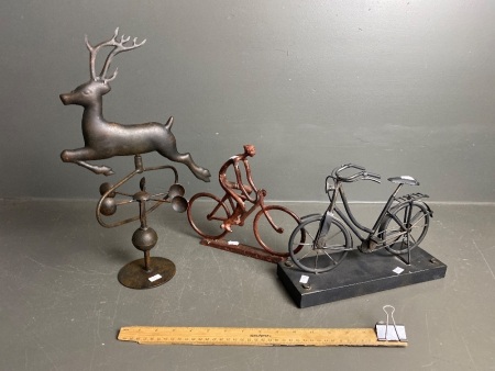 2x Metal Bicycle Figurines + Pressed Metal Deer Wind Vane on Stand