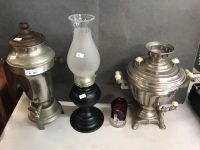 Asstd Lot of Vintage Coffee Urn, Samovar, Kero Lamp & 1923 Ruby Glass Jug