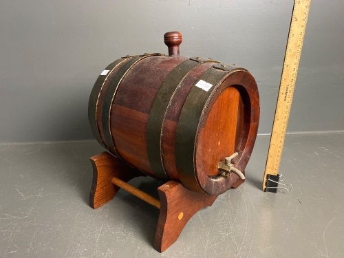 Small Wooden Keg with Brass Tap on Stand 