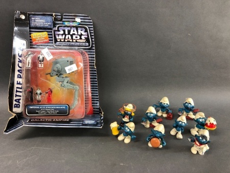 Collection of Vintage Original Smurf Figures + Star Wars Toy in Original Pack