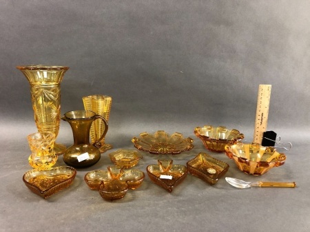 Collection of Vintage Pressed Amber Glass Dishes & Vases