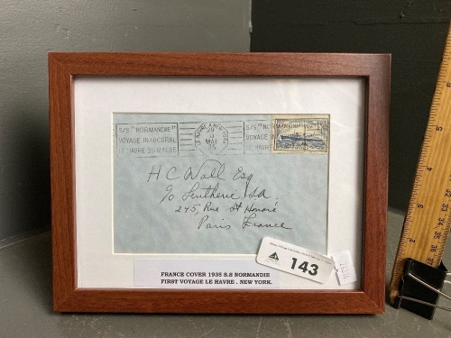 Framed SS Normandie First Voyage France to New York Stamped Envelope