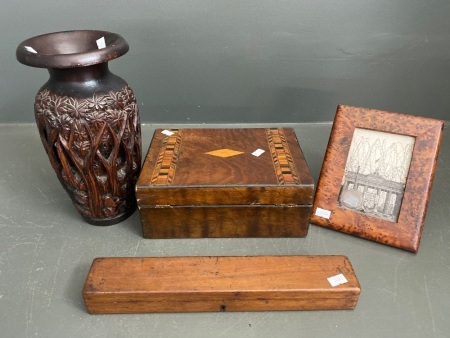 Framed Berlin Wall Piece, 2 Wooden Boxes & Carved Wooden Vase