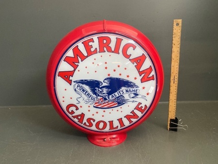 Globe with glass convex lenses American Gasoline petrol pump top - app. 400mm dia.