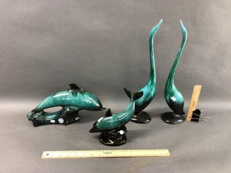 Pair of Blue Mountain Potteries Birds + 2 BMP Dolphins