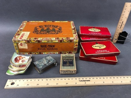 Vintage Cigar Box + 5 Craven A Cigarette Tins, Capstan Packet, Vintage Matchbox Holder +Cards