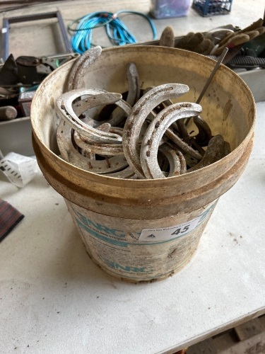 Bucket of steel and aluminium horseshoes