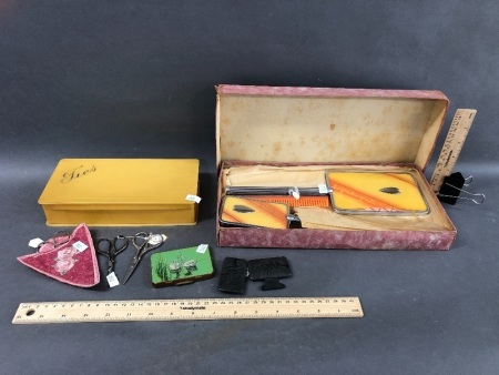 Vintage Boxed 3 Piece Vanity Set, Old Ties Box, Swan Compact + 3 Pairs Sewing Scissors
