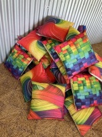 Large Qty brightly covered cushions  - 2