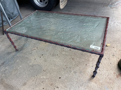 Forged steel coffee table with inlaid mottled glass