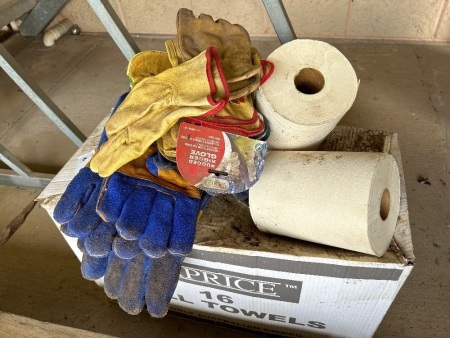 Assorted safety gloves and box of paper towel