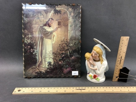 Vintage Scallop Edged Glass Frame with Religious Pic + Mary & Jesus Staue