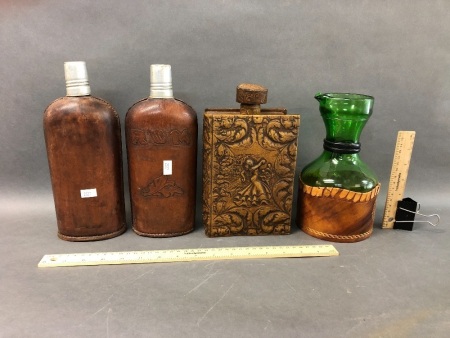 Collection of 3 Leather Covered Bottles + Glass Jug