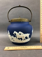 Antique William Adams Jasper Ware Tea Caddy with Hunting Scene & Plated Lid & Handle