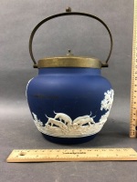 Antique William Adams Jasper Ware Tea Caddy with Hunting Scene & Plated Lid & Handle - 2