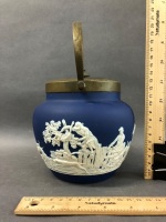 Antique William Adams Jasper Ware Tea Caddy with Hunting Scene & Plated Lid & Handle - 4