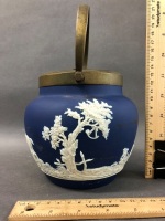 Antique William Adams Jasper Ware Tea Caddy with Hunting Scene & Plated Lid & Handle - 5