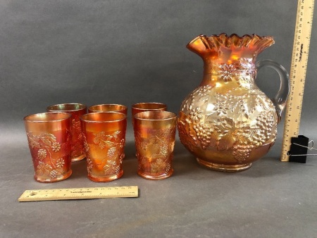 Vintage Marigold Carnival Glass 7 Piece Water Set. Floral & Optic Pattern by Imperial