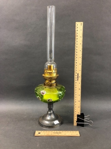 Antique Kero Lamp with Hand Painted Green Glass Font on Britannia Metal Base