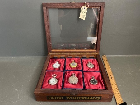 Original Henri Wintermans Display Cabinet with 6 New Vintage Style Pocket Watches Batteries Required