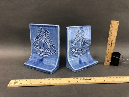 Pair of Early Australian, Glazed, Slab Made Bookends incised with Ships & G.Wilson Blue on Bottom