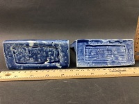 Pair of Early Australian, Glazed, Slab Made Bookends incised with Ships & G.Wilson Blue on Bottom - 4