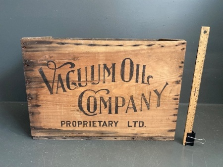 Vacume Oil Company with Plume Motor Spirit Sides Vintage Wooden Crate